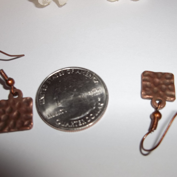 Boho Copper Earrings Dangle Hammered Metal Square Minimalist Style Dangle 3683 - Picture 3 of 7